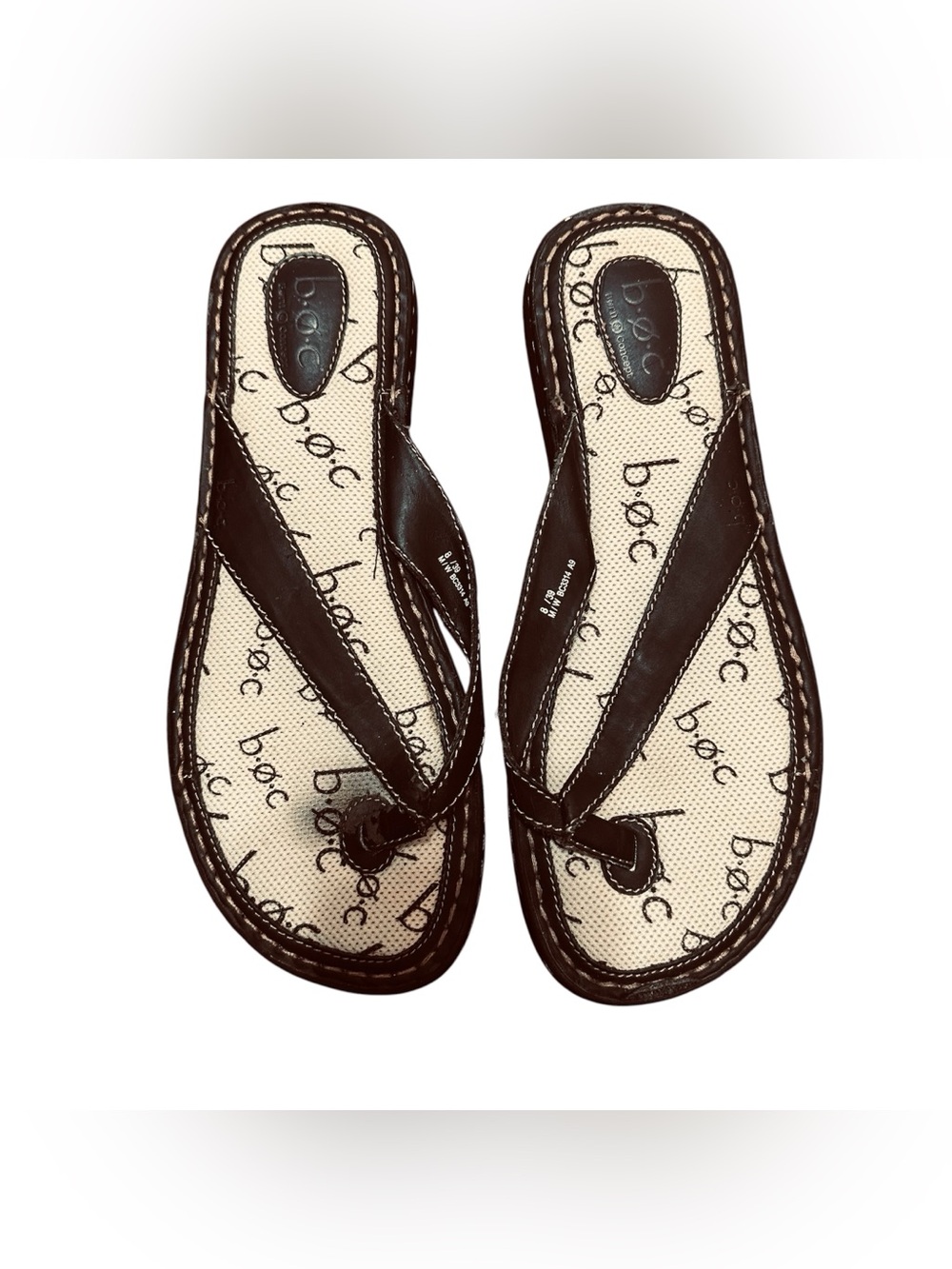 b.o.c. Dark Brown Leather Thong Sandals with Patterned Insole